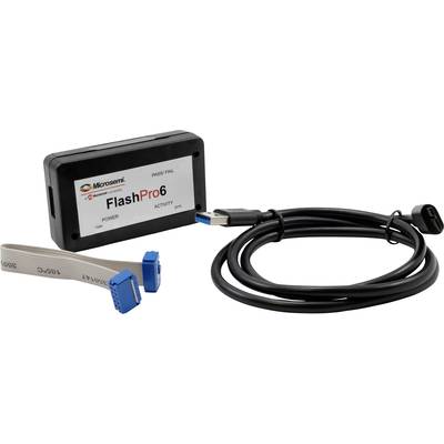 A FlashPro6 programming device with two cables, one with blue plugs and the other with a USB plug.