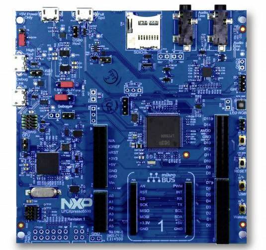 Electronic circuit board with NXP logo, numerous integrated circuits, connectors, and marked functions for development.