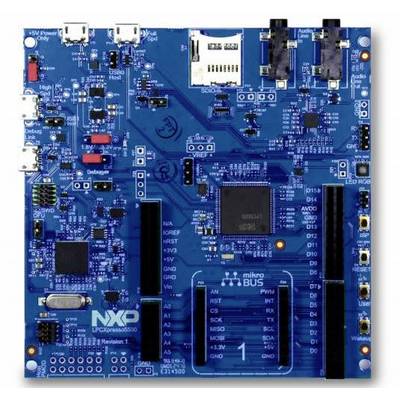 Electronic circuit board with NXP logo, numerous integrated circuits, connectors, and marked functions for development.