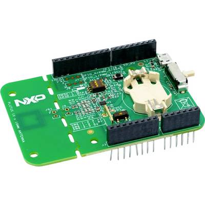 A green electronic circuit board with 'NXP' written on it, showing an open battery holder and several connectors and components.