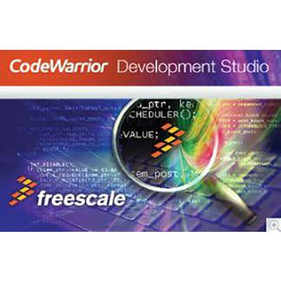 'CodeWarrior Development Studio' with an enlarged code snippet and 'Freescale' logo in the background.