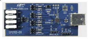 'Blue CP2112-EK Board with USB connection, multiple white and black connectors, and electronic components.'