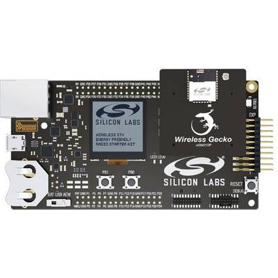 Electronic circuit board 'Silicon Labs Wireless Gecko'. Shows connections, chip and brand logo. Developed for wireless communication.