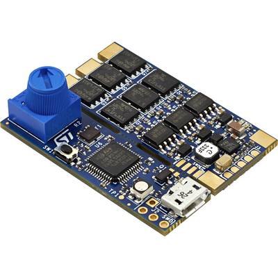 Electronic circuit with microcontroller, blue potentiometer and various connections on a blue PCB.