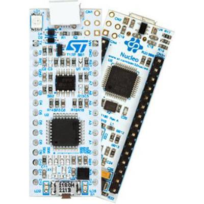 Two overlapping microcontroller circuit boards with electronic components and logos of STMicroelectronics and Nucleo.
