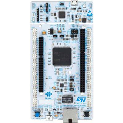 A microcontroller board with numerous electronic components and connectors. Runs on an ARM-based processor. Used for prototyping and development projects.
