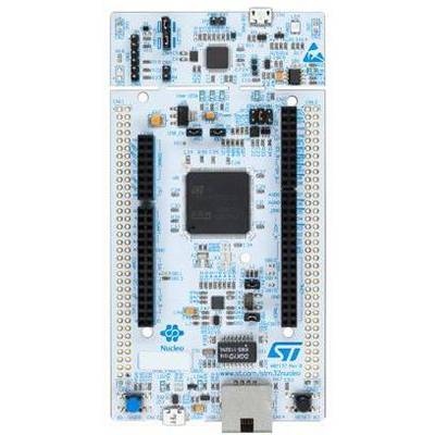 A microcontroller development board with connectors, chip in the centre, and ST logo. Used for electronics projects and programming.