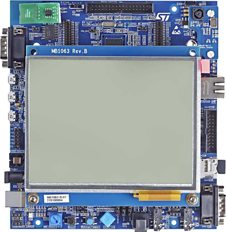 Circuit board with electronic components and a large, central display. The brand logo is located in the top right.