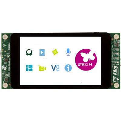 Electronic circuit board with display, showing icons for Audio, Video, Microphone and more; central 'STM32 F4' logo in Pink.