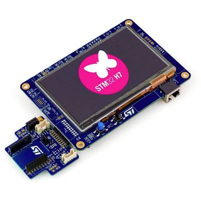 A STM32 development board with a display showing the STM32 H7 logo on a pink background with a butterfly symbol.