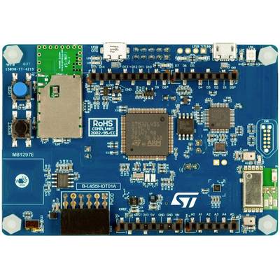 Electronic circuit board with multiple integrated circuits, resistive components and connectors, including an 'RoHS' marking.