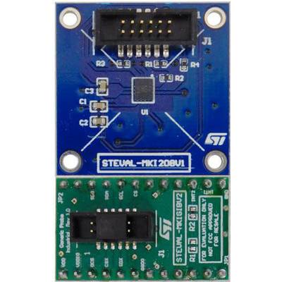 'Two electronic circuit boards with connectors and electronic components, one blue and one green, labelled 'STEVAL-MKI208V1'.'