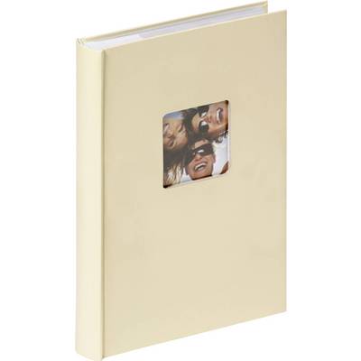 Beige photo album with a square cut-out on the cover, showing three people smiling and wearing sunglasses.