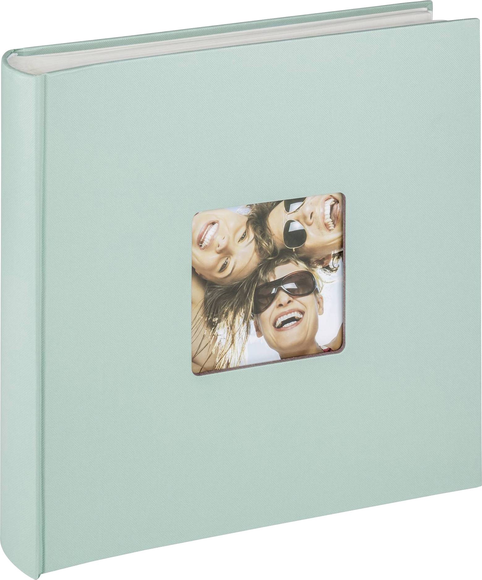 A light blue photo album with a square, pasted photograph on the cover, showing three smiling people wearing sunglasses.