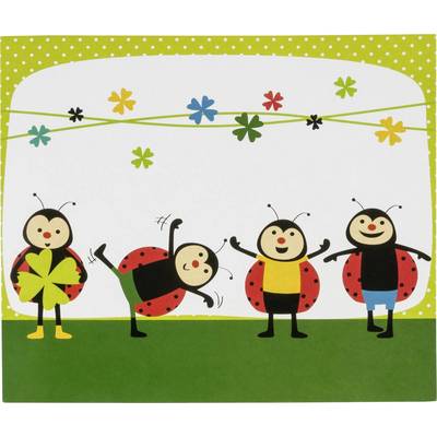Four stylised ladybirds on green grass, one holding a clover leaf, with colourful flowers in the background on a white and green pattern.