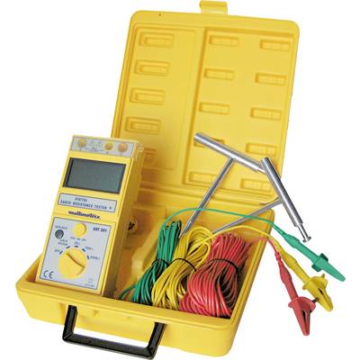 A yellow digital earth testing metre set in a case with various colourful leads and probes, ready for measurement.