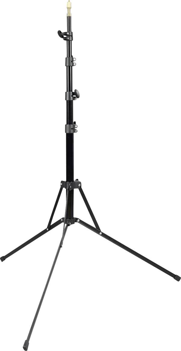 Black metal light stand with three legs and extendable sections for height adjustment.