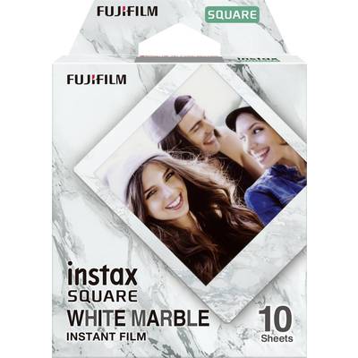 'Instax Square White Marble Instant Film' pack of 10 sheets. Contains image of two women and a man taking a selfie.