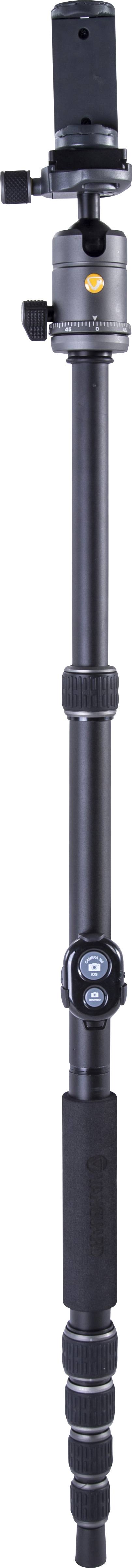 A black, adjustable camera monopod with foam grip and ball head for stable photography.