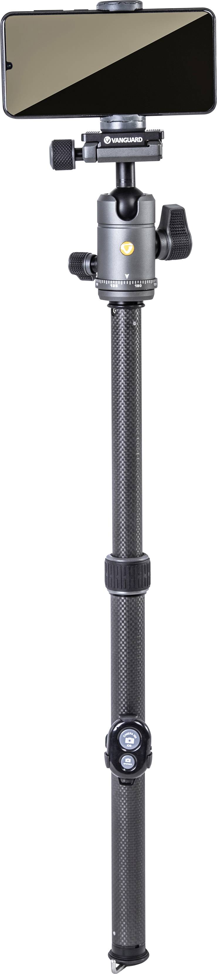 A black smartphone mounted on an adjustable, grey tripod with a ball head, suitable for photography or video recording.