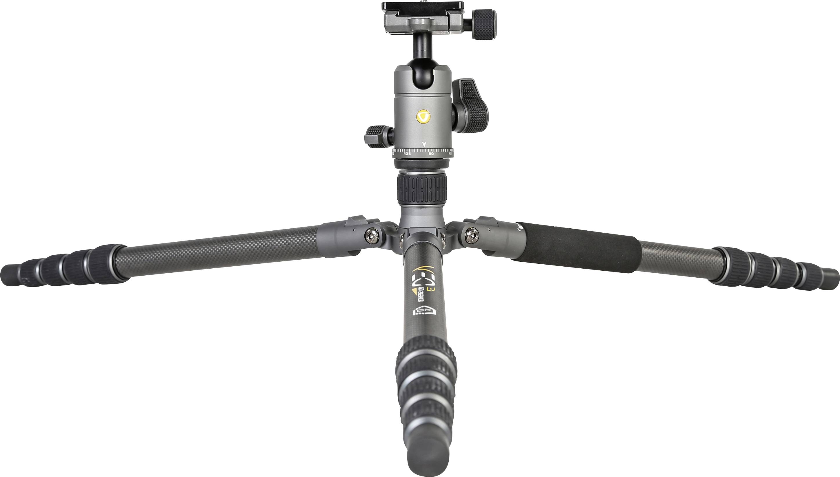A tripod with extendable legs and a ball head, lying flat on the ground. Suitable for photography close to the ground.