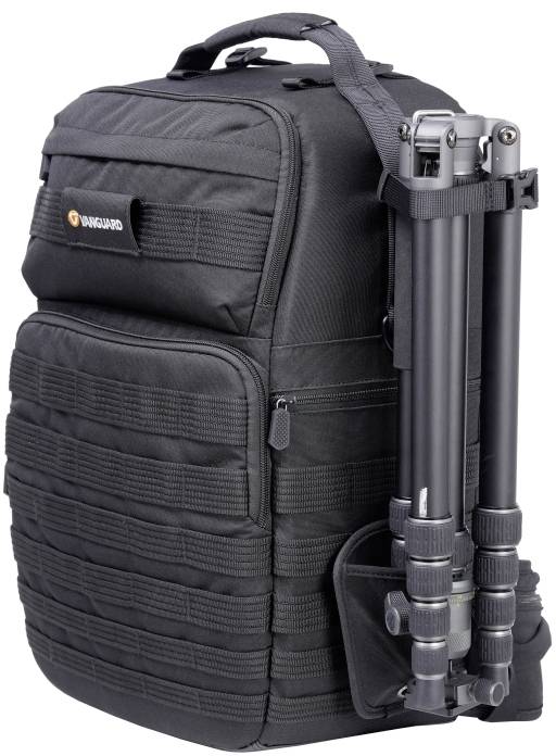 Black camera backpack with multiple compartments and side attachment where a folded tripod is secured.