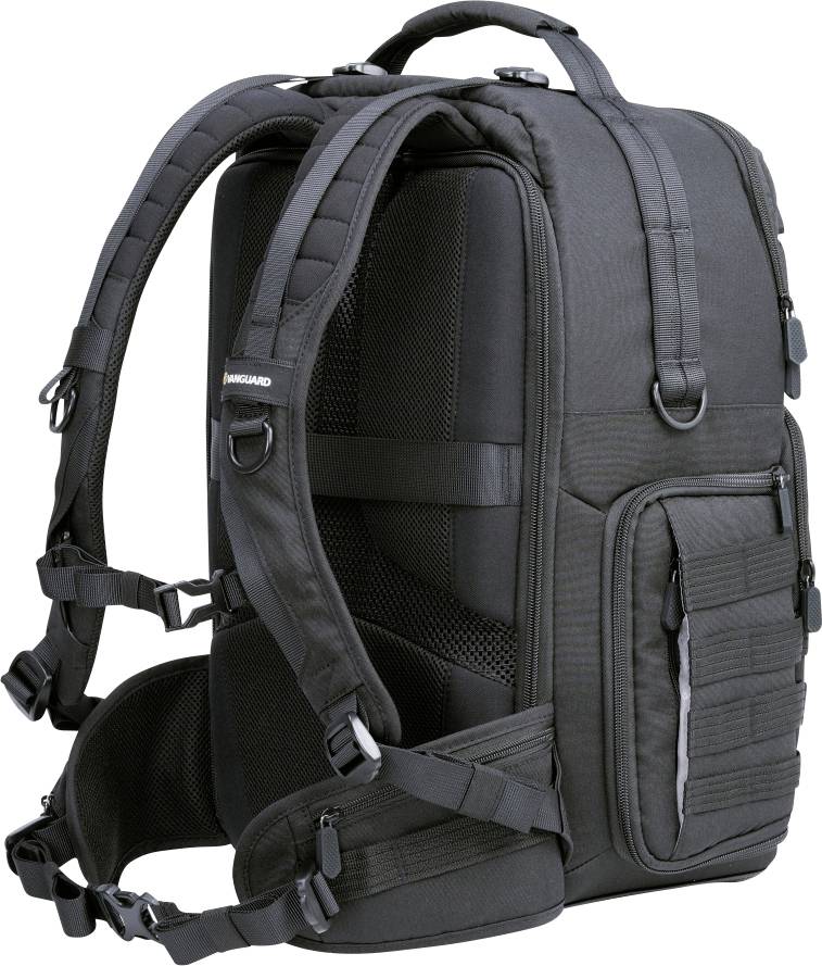 A black rucksack with padded shoulder straps and multiple pockets, including a large zipped side pocket.