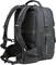 A black rucksack with padded shoulder straps and multiple pockets, including a large zipped side pocket.