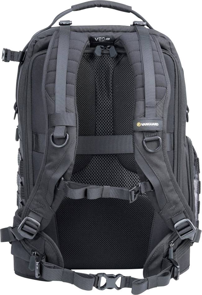 Black rucksack with padded shoulder straps, multiple buckles, and mesh back padding.