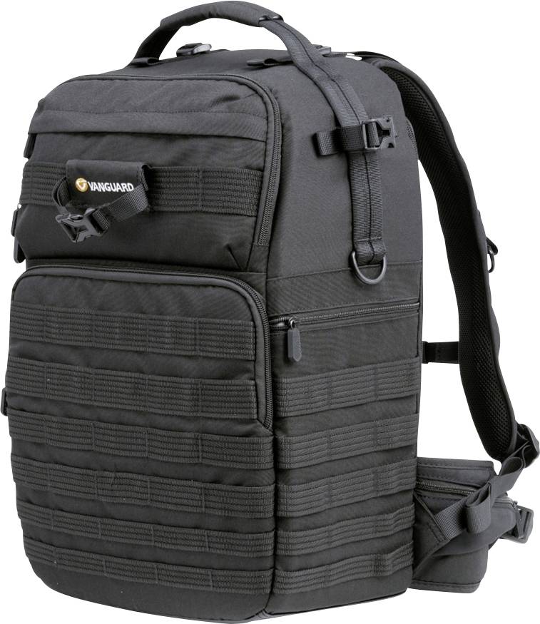 A black, rectangular rucksack with multiple zip compartments and padding, suitable for camera equipment.