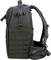 A side view of a black tactical backpack with multiple straps and buckles for outdoor or military use.
