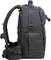 A black rucksack viewed from the side, with multiple zip compartments and adjustable shoulder straps, ideal for outdoor activities.
