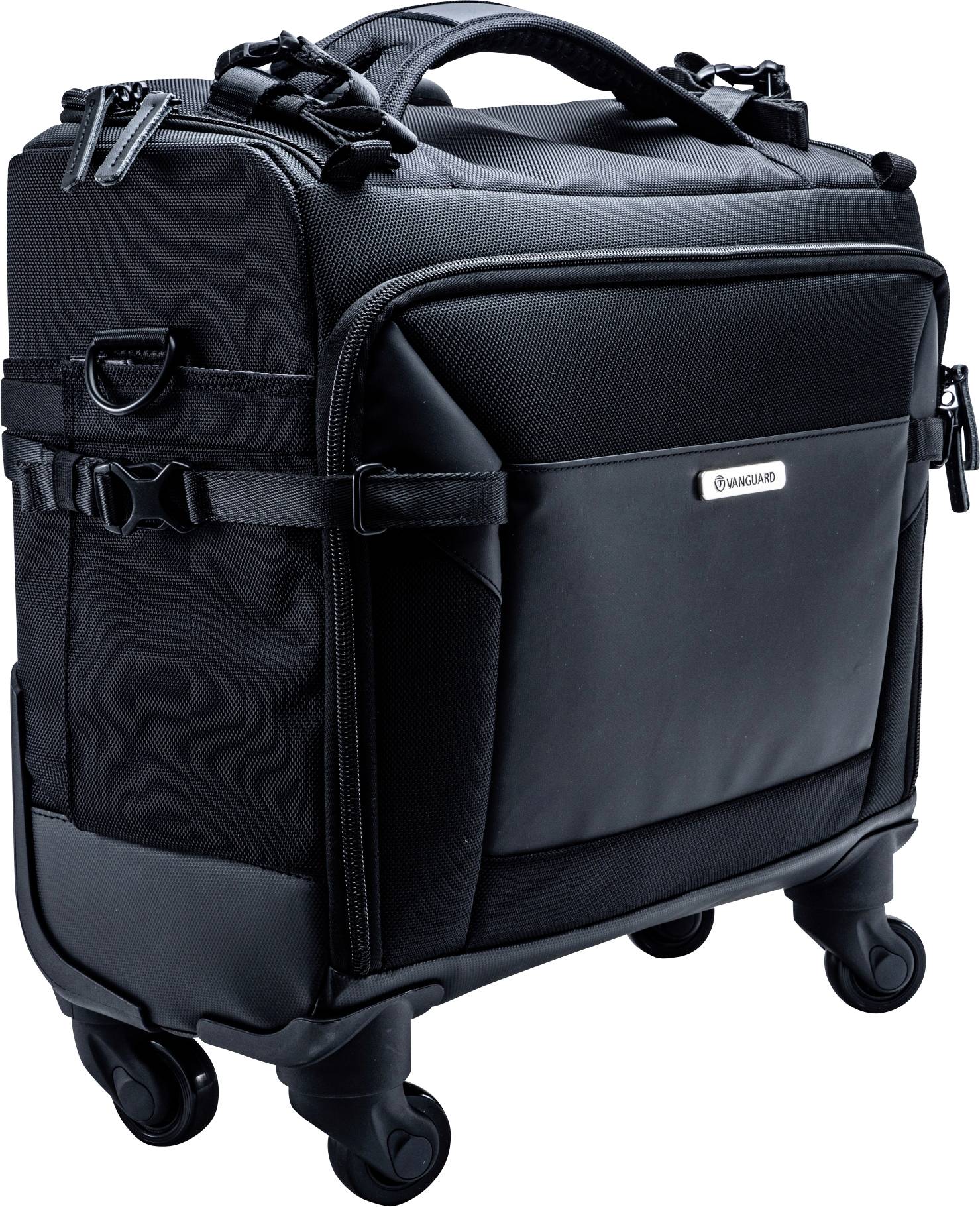 Black, compact roller bag with handle and compartments, suitable for camera accessories or laptops. Four wheels for easy mobility.