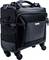 Black, compact roller bag with handle and compartments, suitable for camera accessories or laptops. Four wheels for easy mobility.