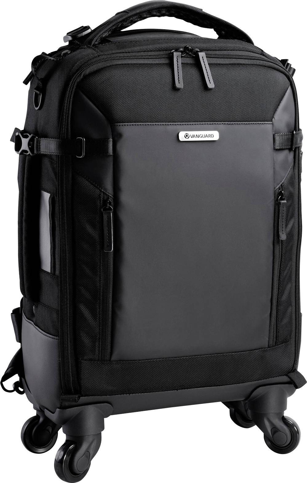 Black and grey wheeled suitcase with robust zips and a metal logo on the front.