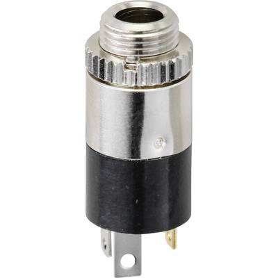 Metal and plastic plug adapter, with a ribbed ring at the top and three connecting pins at the bottom.