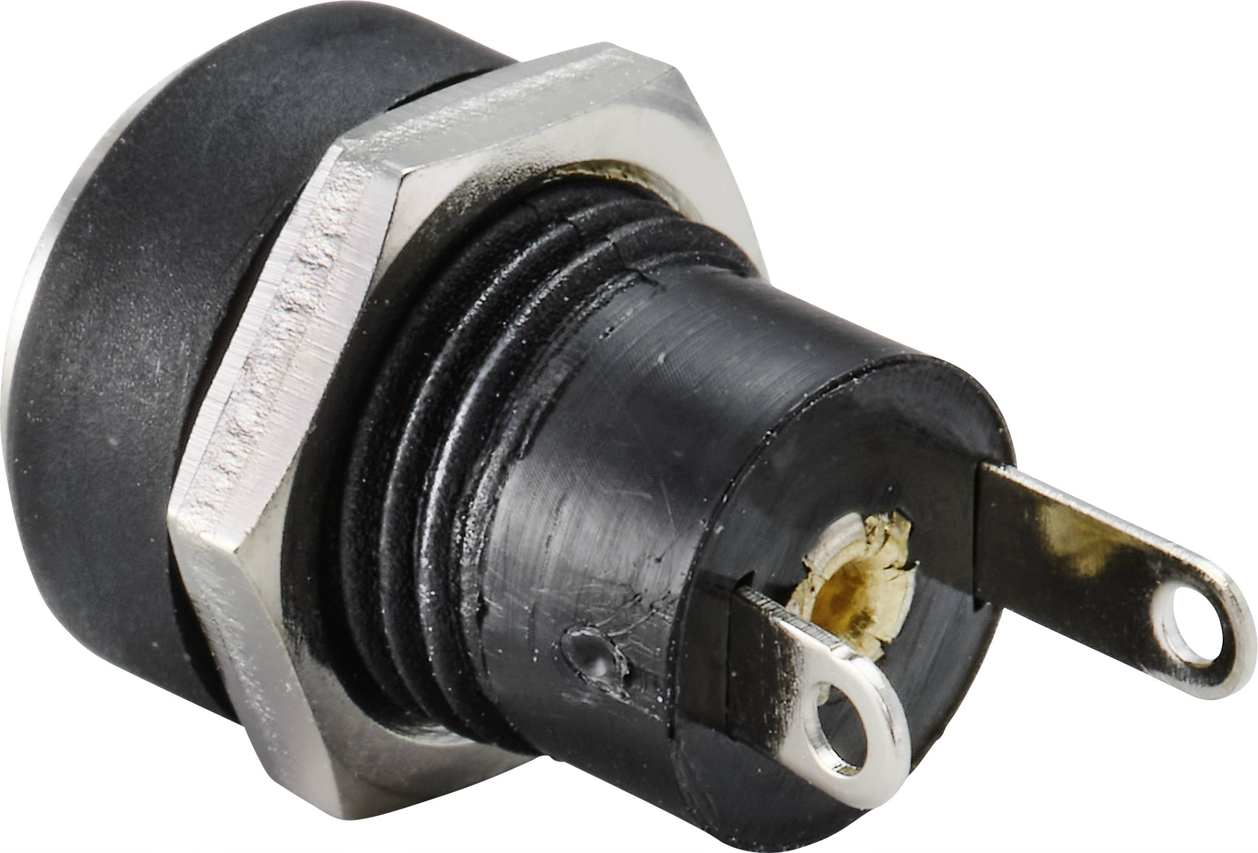 'DC power socket with metal threading and two solder connections, suitable for powering electronic devices.'