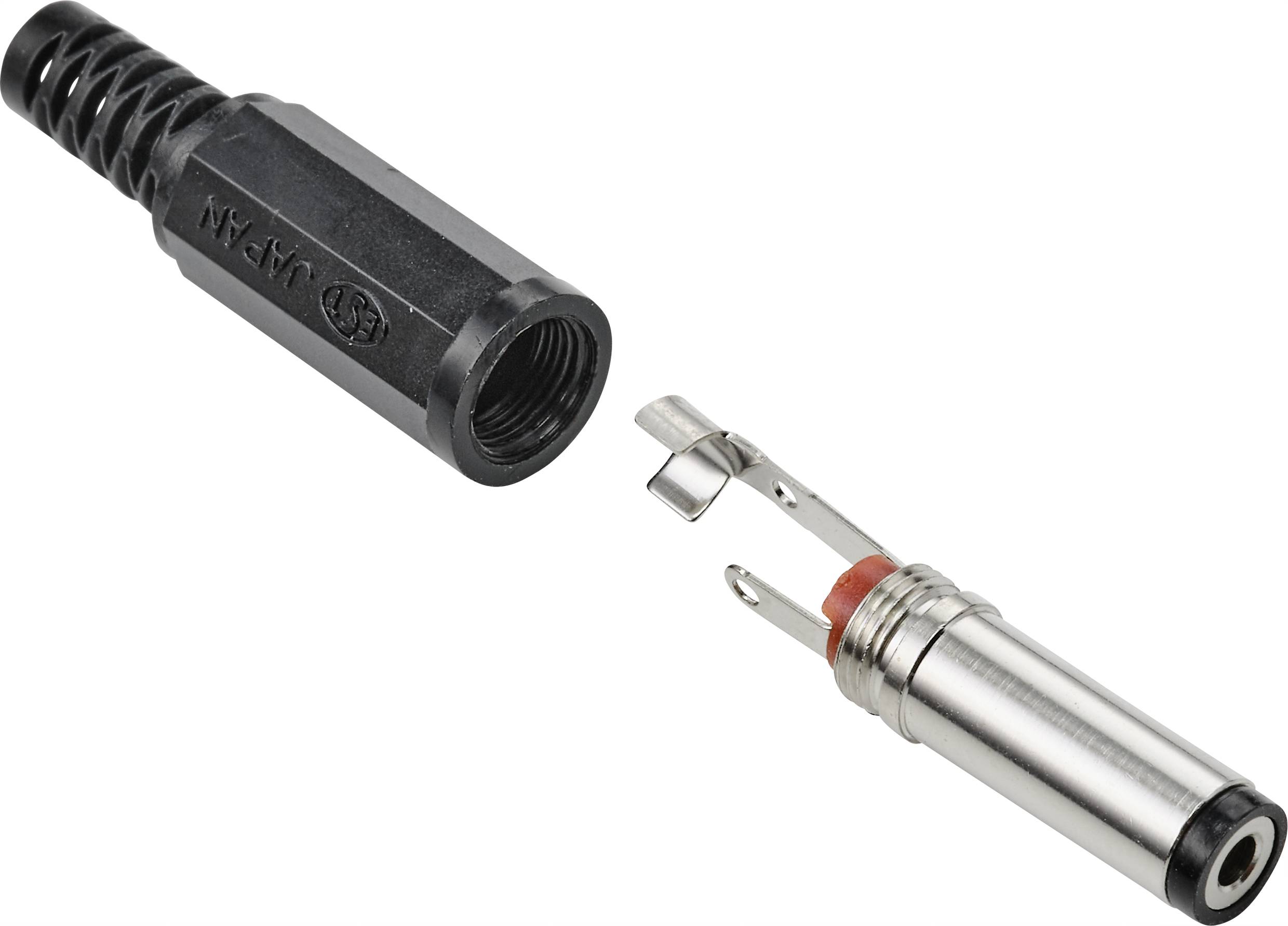 Two parts of a metallic connector: on the left the black housing sleeve, on the right the metallic connector with solder terminals.