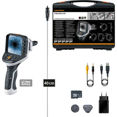 Laserliner VideoFlex G4 inspection camera kit with handheld monitor, 40 cm probe, carrying case, cables, memory card, battery, and charger.