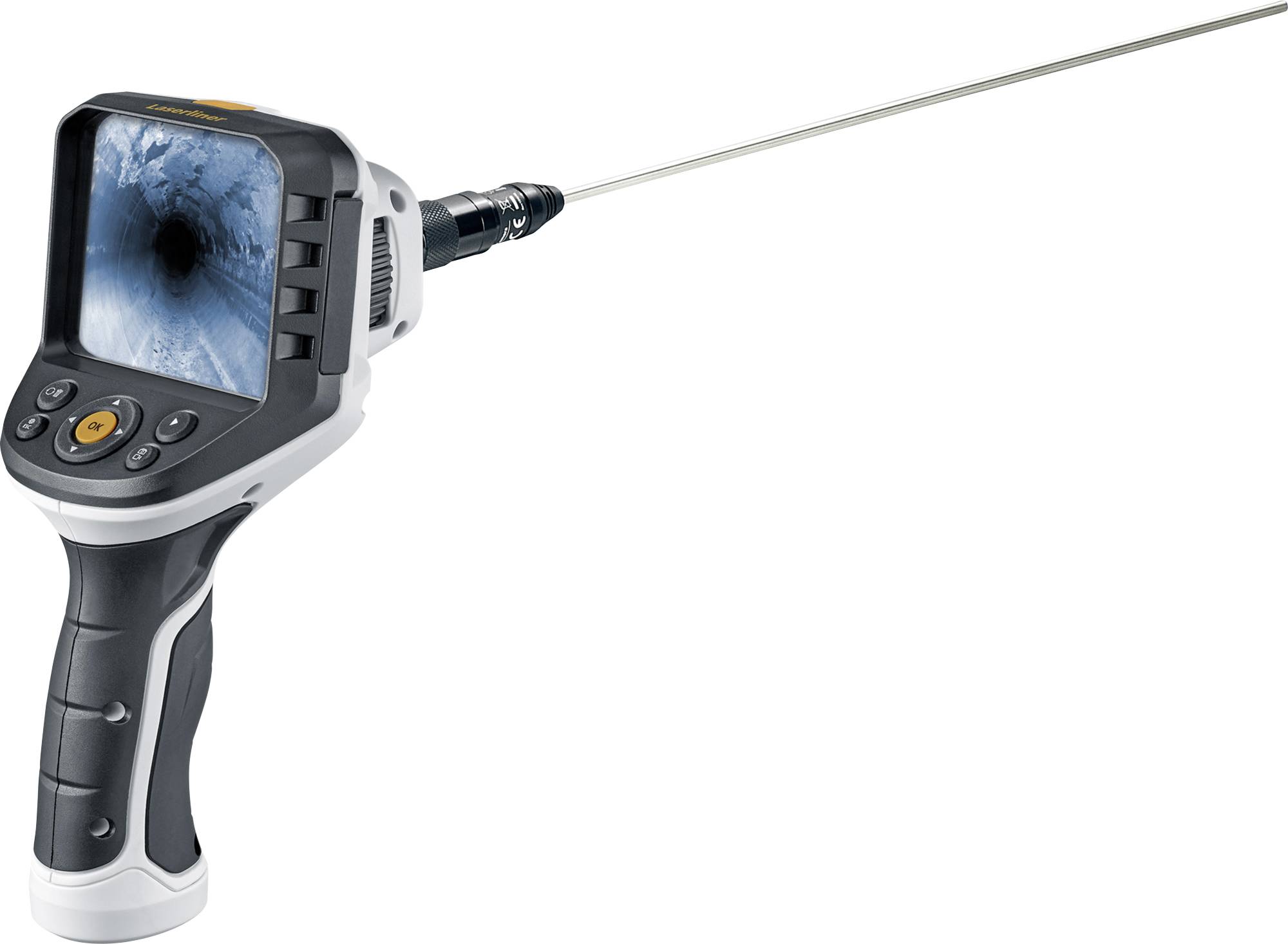 A hand-held endoscope with a flexible tube and camera, enables inspection of hard-to-reach areas. Screen displays live images.