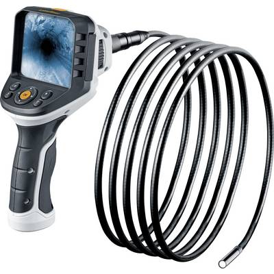 Endoscope camera with a long, flexible cable and handheld device. Screen displays an image of a dark pipe.