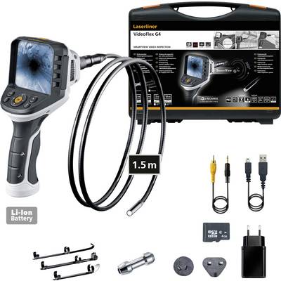 A portable inspection device with a screen and flexible cable. Accessories such as USB cable and charger are also depicted.