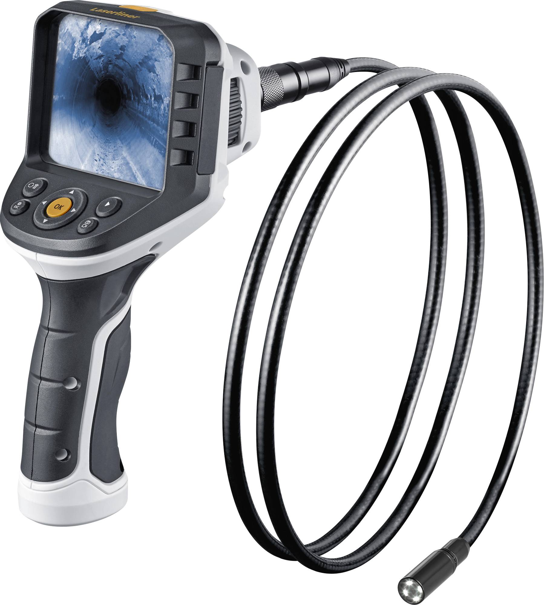 A portable endoscope with a long flexible cable and a camera. The screen displays an inspected object in close-up.