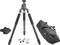 A three-legged carbon fibre camera tripod with padded handles, spare parts, and carrying case, shown against a white background.