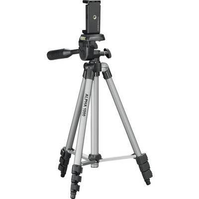 A silver photographic tripod with a black mount on top, suitable for cameras or smartphones. It is standing in an extended position.