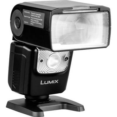 An external camera flash with the label 'LUMIX'. The flash has a rectangular design and is mounted on a stand.