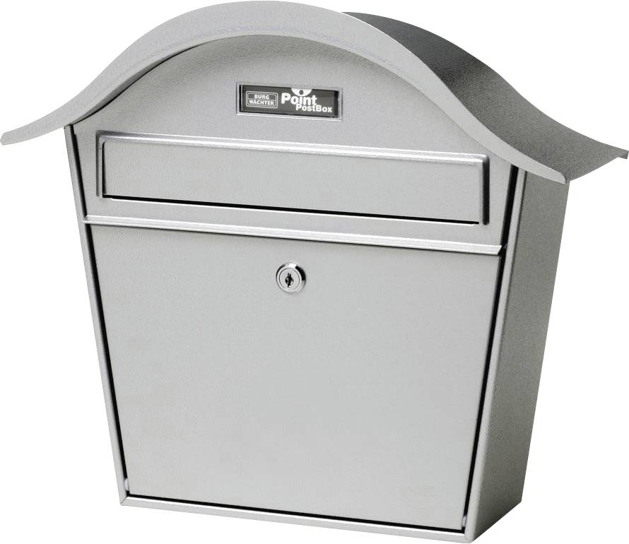 Grey, curved letterbox with a letter slot and lock on the front.