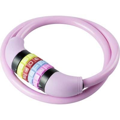 A pink cable lock with a number code in various colours on a white background.