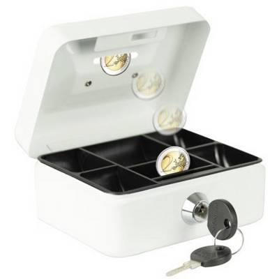 A white cash box with an open lid and an insertion slot. Two coins drop inside. Two keys are lying beside it.