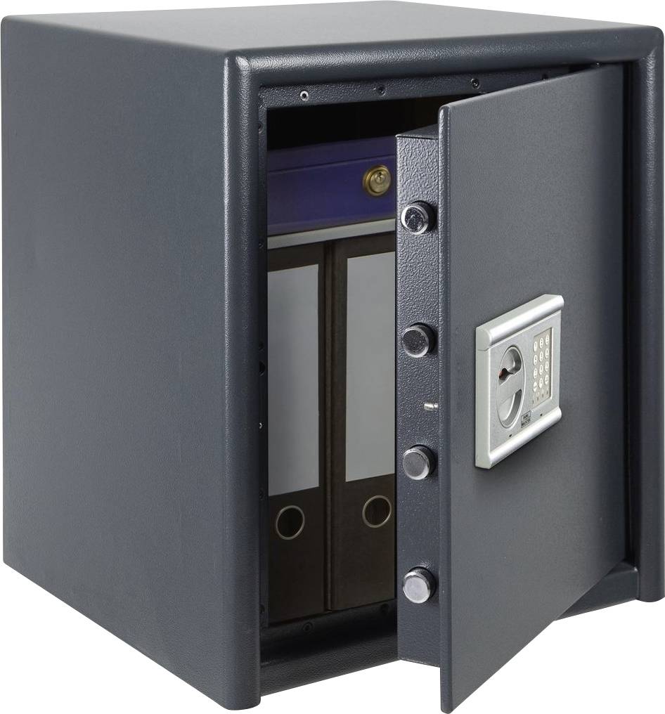 'An open safe reveals folders standing inside. The safe has a digital keypad on its door.'